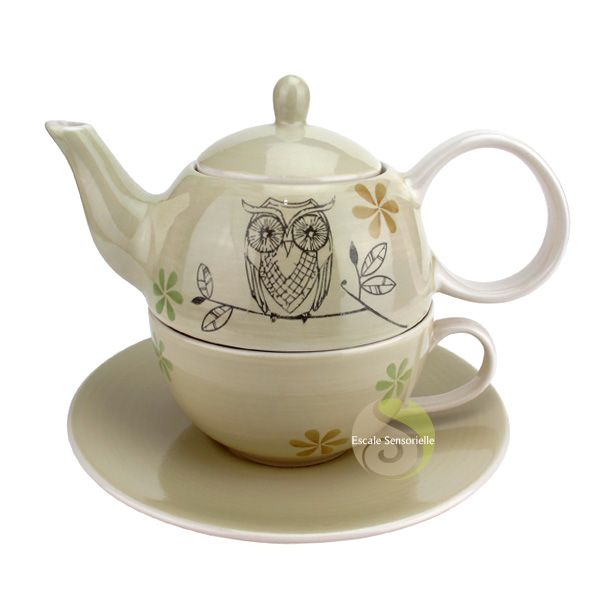 Tea for One Set thé avec théière tasse et soucoupe Motif chouette rose